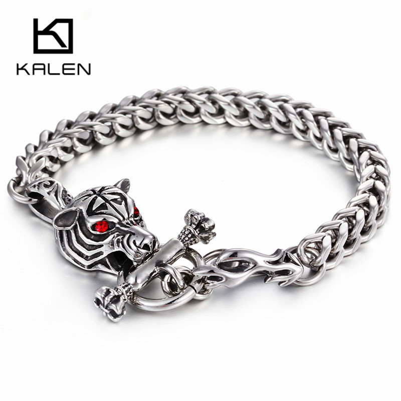Men Accessories Bd - KALEN สแตนเลสตาสีแดง Tiger HEAD สร้อยข้อมือผู้ชายมังกร Charm