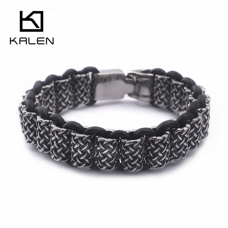 Men Accessories Bd - KALEN Vintage หนังสีดำสร้อยข้อมือผู้ชายสแตนเลสสี่เหลี่ยมผืนผ้ากล่อง Chain สายรัดข้อมือ Homme