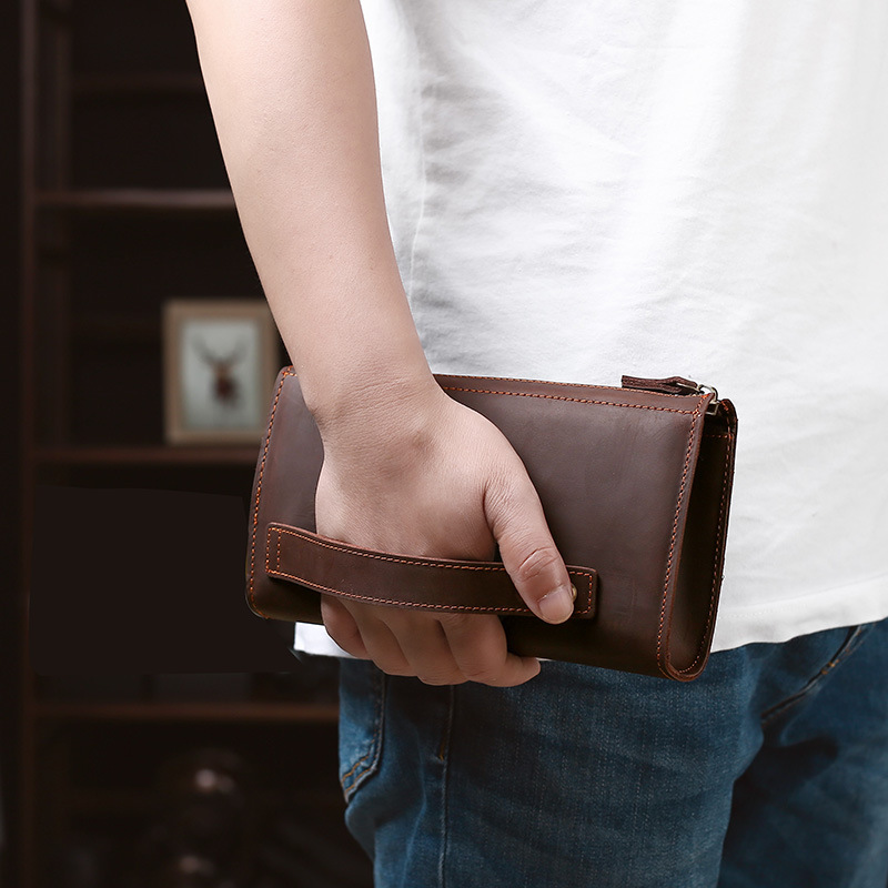 Men'S Accessories Wallet - กระเป๋าคลัทช์ผู้ชายทรงยาว กระเป๋าถือธุรกิจสไตล์วินเทจ หนังวัวแท้ กระเป๋าสตางค์ยาวสำหรับผู้ชายและผู้หญิง กระเป๋าซิป
