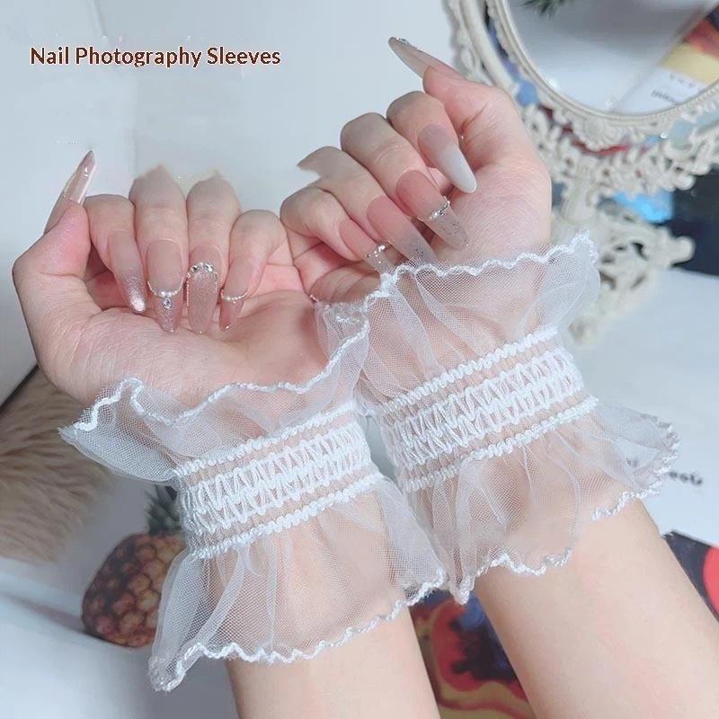 Men Accessories Tips - ถุงมือถ่ายรูปผ้าตาข่ายสีขาวแต่งลูกไม้ 1/2 ชิ้น ปลอกแขนจีบปลอมสำหรับโชว์ปลายเล็บ อุปกรณ์เสริมแฟชั่น
