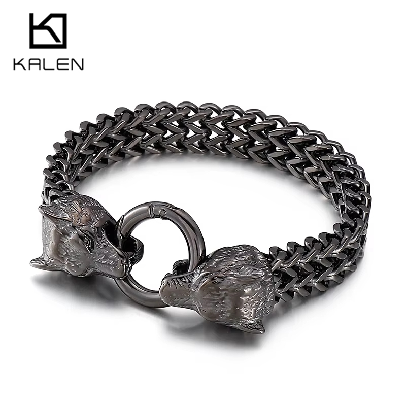 Men Accessories Bd - KALEN 19-23 ซม. สร้อยข้อมือรูปหมาป่าสไตล์ไวกิ้ง สำหรับผู้ชาย สร้อยสแตนเลสสตีลแบบตาข่าย