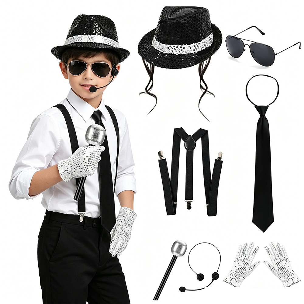 Men Accessories Combo - ชุดอุปกรณ์คอสเพลย์ไมเคิล แจ็คสัน 80S ชุดปาร์ตี้ดิสโก้ย้อนยุค พร้อมหมวกเลื่อม ถุงมือ