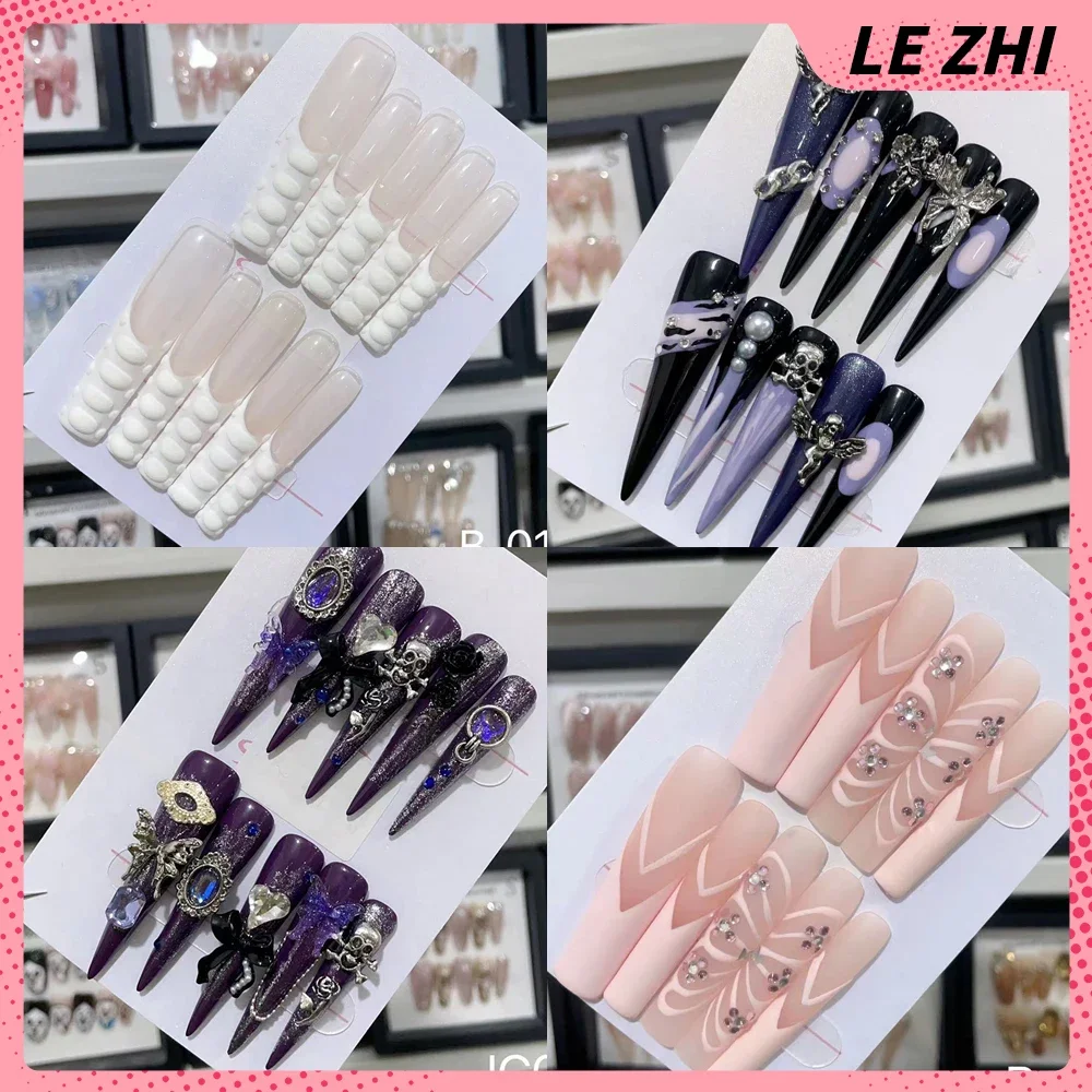 Men Accessories Tips - เล็บปลอมสไตล์ฝรั่งเศสสุดหรูแบบกดติด รุ่น Y2K ประดับเพชรระยิบระยับ ทำมือ ขนาด