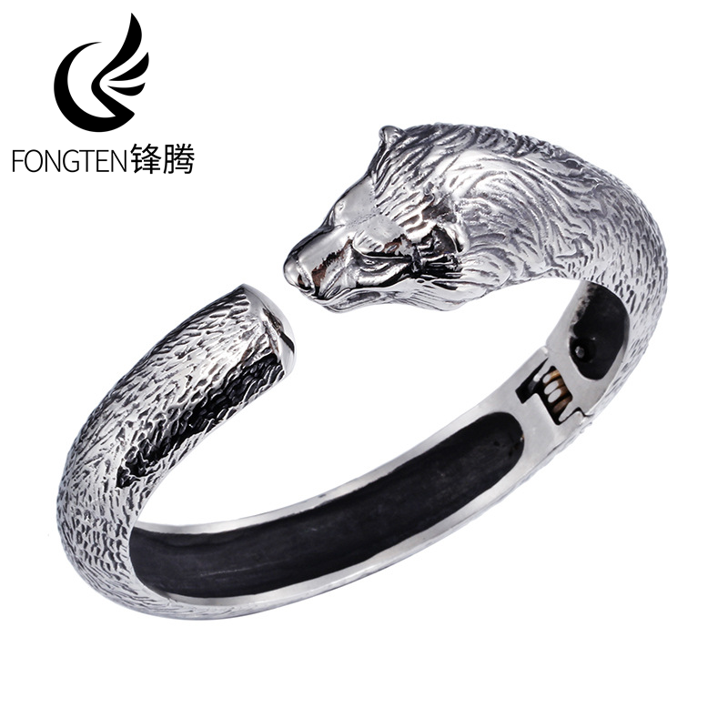 Men Accessories Bd - กำไลข้อมือสแตนเลสสตีลรูปหัวหมาป่าสไตล์ไวกิ้ง Fongten สำหรับผู้ชาย ดีไซน์เฉพาะตัว แฟชั่นโกธิค เครื่องประดับแฟชั่น