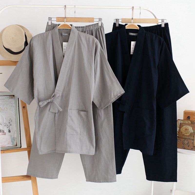 Men'S Kimono Accessories - สไตล์ญี่ปุ่นกิโมโนคาร์ดิแกนกางเกง 2 ชิ้นชุดผู้ชายชุดนอนเสื้อคลุมอาบน้ําผ้าฝ้ายสบายบ้านสูทเสื้อคลุมชุดนอนสบายๆทุกวัน
