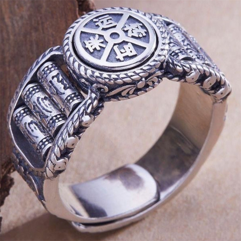 Men Accessories Ethnic - แหวนลูกปัดหกอักขระสไตล์ชาติพันธุ์ แหวนนำโชคพร้อมเข็มทิศสำหรับผู้ชาย เครื่องประดับนิ้วชี้