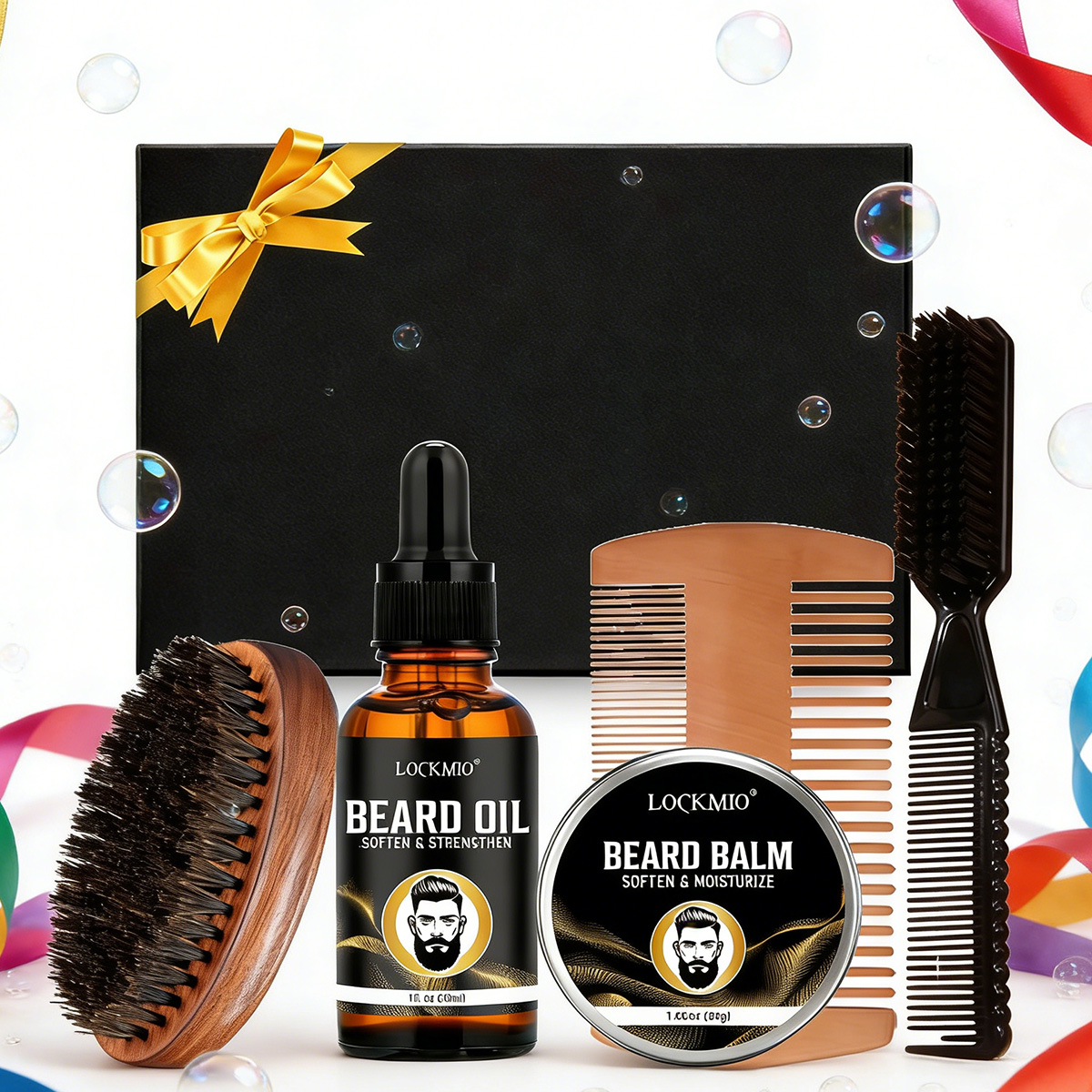 Men Accessories Combo - ผลิตภัณฑ์จัดแต่งทรงหนวดเครา LOCKMIO สำหรับผู้ชาย น้ำมันบำรุงหนวดเคราให้ความชุ่มชื้นยาวนาน ช่วยให้หนวดเครานุ่มและเรียบลื่น ชุดอุปกรณ์เสริม