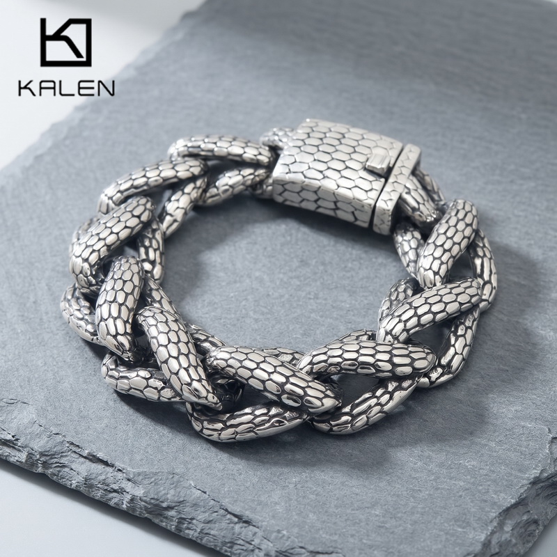 Men Accessories Bd - สร้อยข้อมือผู้ชายแบบ Cuban Link ลายหนังงู ยี่ห้อ Kalen