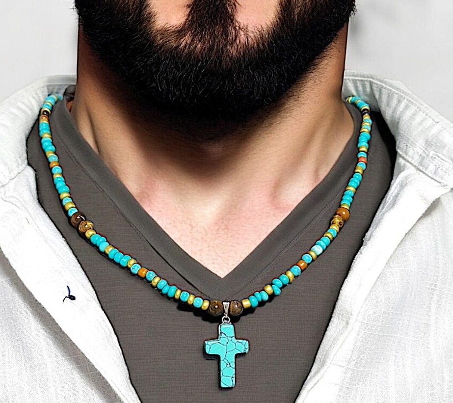 สร้อยคอจี้รูปไม้กางเขนสีฟ้าครา - Men Accessories Ethnic บทวิจารณ์และราคา