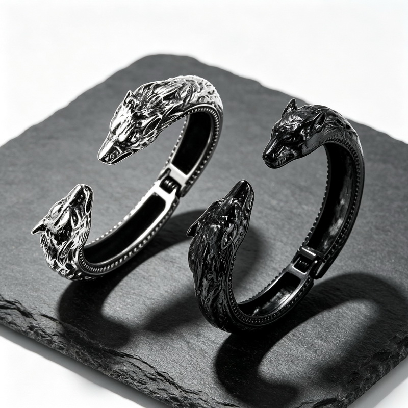 กำไลข้อมือเปิดรูปหัวหมาป่าคู่  - Men Accessories Bd บทวิจารณ์และราคา