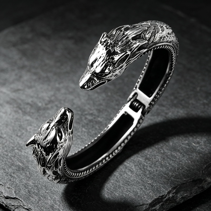 กำไลข้อมือเปิดรูปหัวหมาป่าคู่  - Men Accessories Bd บทวิจารณ์และราคา